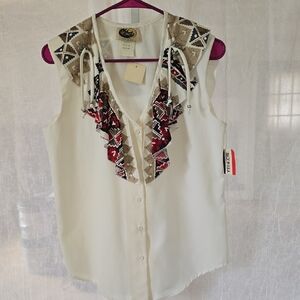 Western Collection Ivory Button-Front Blouse with Embroidered Red & Tan Trim